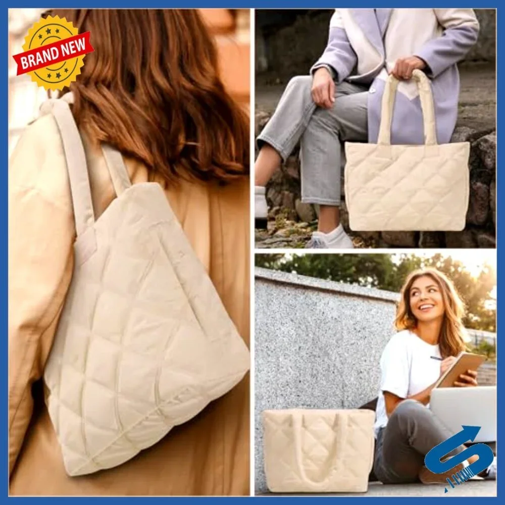 Quilted Nylon Tote Bag with Laptop Compartment for Work Travel